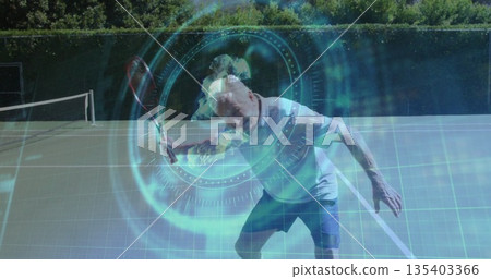 Executing forehand swing senior man holding tennis racket on tennis court, with holographic overlay Executing forehand swing senior man holding tennis racket on tennis court, with holographic overlay 135403366