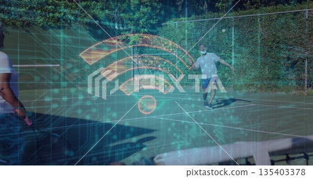 Rallying two tennis players on outdoor hardcourt, with rackets tennis ball net bench face mask Rallying two tennis players on outdoor hardcourt, with rackets tennis ball net bench face mask 135403378