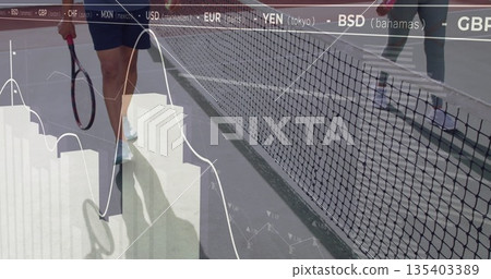 Holding racket, man in shorts at net on tennis court with court lines and currency overlay 135403389