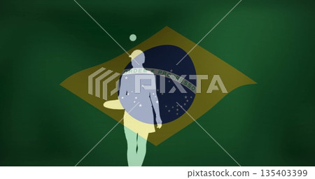 Displaying human silhouette floating in digital graphic motif with Brazilian flag and orbs 135403399