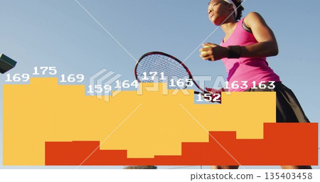 Serving athlete in pink top on tennis court with racket, ball, bar-chart overlay, copy space 135403458