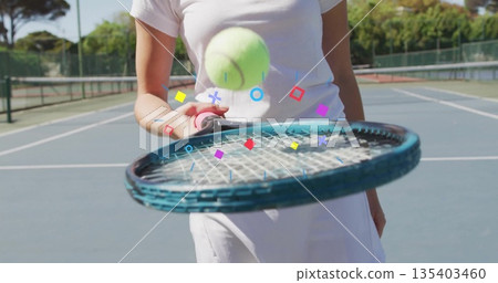 Bouncing yellow ball on blue racket woman in tennis attire on tennis court, with geometric overlay Bouncing yellow ball on blue racket woman in tennis attire on tennis court, with geometric overlay 135403460