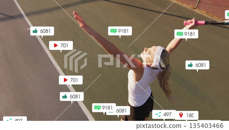 Sportswear athlete holding racket raising arms on tennis court lines with notifications, copy space 135403466