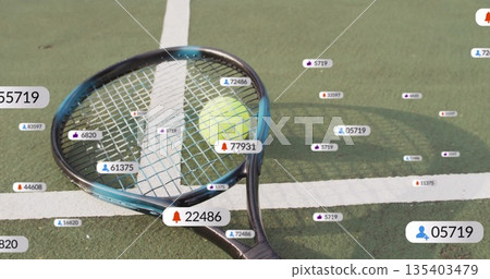 Displaying teal tennis racket catching yellow ball on green court with white line and notifications 135403479