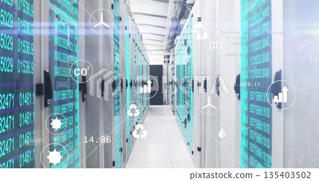 Displaying central aisle in data center with server racks and cable trays, showing overlay icons 135403502