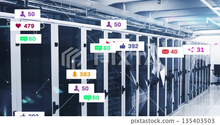 Displaying glass-fronted server cabinets in data center room, showing floating social media metrics 135403503