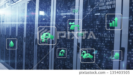 Displaying server cabinets featuring binary code glass panels in data center aisle, with eco icons Displaying server cabinets featuring binary code glass panels in data center aisle, with eco icons 135403505