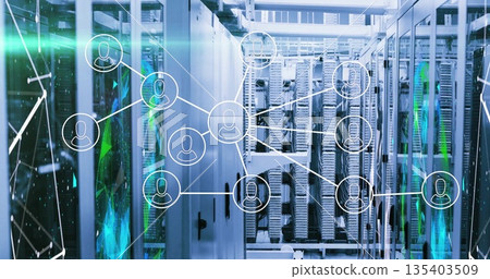 Displaying central network node icon connecting server racks in data center, with blinking LEDs Displaying central network node icon connecting server racks in data center, with blinking LEDs 135403509