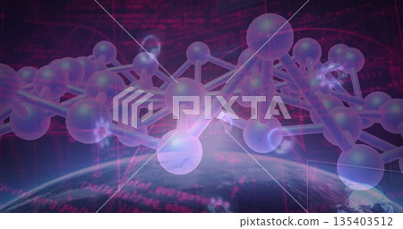 Hovering molecular structure of spheres and rods over Earth arc in space, with digital code streams Hovering molecular structure of spheres and rods over Earth arc in space, with digital code streams 135403512