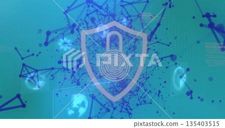 Showing shield icon in digital network graphic, with padlock, fingerprint, globe and data streams Showing shield icon in digital network graphic, with padlock, fingerprint, globe and data streams 135403515