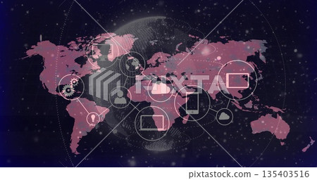 Showing pink map overlaying space background, with cloud, user, devices, gear and lightbulb icons Showing pink map overlaying space background, with cloud, user, devices, gear and lightbulb icons 135403516