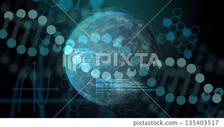 Rotating digital globe revealing DNA helix and code overlays in virtual space, with hex patterns Rotating digital globe revealing DNA helix and code overlays in virtual space, with hex patterns 135403517