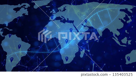 Displaying neon-blue DNA double helix spanning interface, with world map network lines and pins 135403525