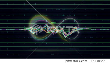 Displaying waveform curves crossing reference line on dashboard with neon grid, labels and glows 135403530