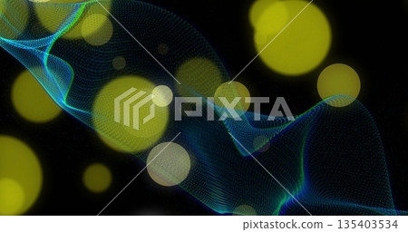 Flowing turquoise mesh wave weaving across black backdrop with yellow-green bokeh circles Flowing turquoise mesh wave weaving across black backdrop with yellow-green bokeh circles 135403534
