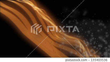 Twisting golden-orange fluid ribbon flowing across dark digital art background, silvery particles Twisting golden-orange fluid ribbon flowing across dark digital art background, silvery particles 135403536