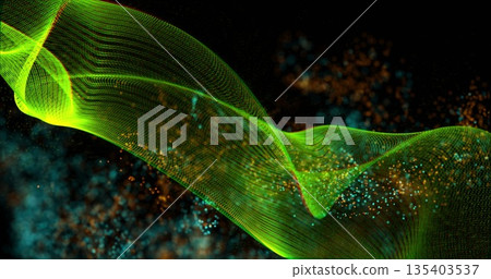Flowing translucent green wave ribbon twisting across digital space with teal amber particles 135403537