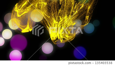 Dancing luminous yellow particle form swirling in dark digital void, with colorful bokeh elements Dancing luminous yellow particle form swirling in dark digital void, with colorful bokeh elements 135403538