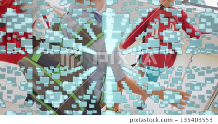 Walking four boys wearing colorful backpacks along school walkway, with light blue squares overlay 135403553