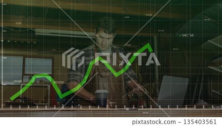 Monitoring craftsman wearing leather apron reviewing real time line graph in workshop with laptop 135403561