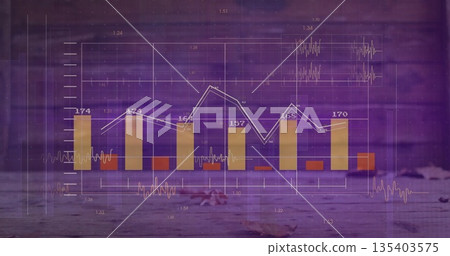 Displaying data visualization on plank surface, with six yellow bars, red segments, white line plot 135403575