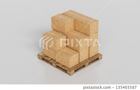 Wooden Pallet and Stacked Cardboard Boxes Mock up. 3D Rendering. 135403587