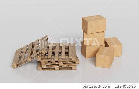 Wooden Pallet and Stacked Cardboard Boxes Mock up. 3D Rendering. Wooden Pallet and Stacked Cardboard Boxes Mock up. 3D Rendering. 135403589