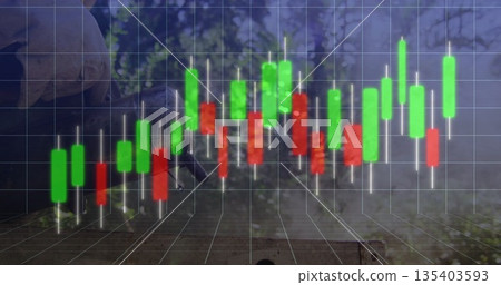 Floating candlestick chart bars hovering above 3D grid floor at woodland backdrop, with chart wicks 135403593
