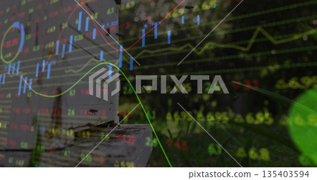 Crawling ant crossing wooden plank edge in backyard with financial charts and stock data overlay 135403594
