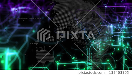 Displaying cyberspace map with dotted continents, neon circuit lines, glowing nodes and faint grid Displaying cyberspace map with dotted continents, neon circuit lines, glowing nodes and faint grid 135403595