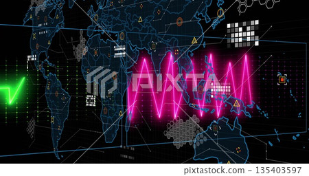 Displaying neon pink waveform pulsing across world map with green waveform, hexagon clusters Displaying neon pink waveform pulsing across world map with green waveform, hexagon clusters 135403597