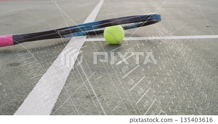 Resting pink-gripped tennis racket and neon green ball on white-lined court, featuring digital grid Resting pink-gripped tennis racket and neon green ball on white-lined court, featuring digital grid 135403616