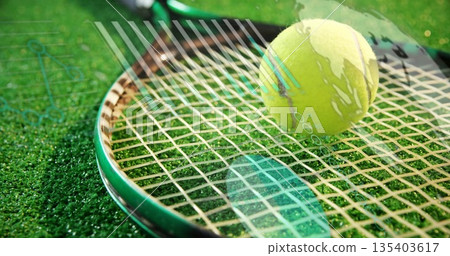 Lying tennis racket with taut strings on grass court, with yellow ball and digital overlay graphics Lying tennis racket with taut strings on grass court, with yellow ball and digital overlay graphics 135403617