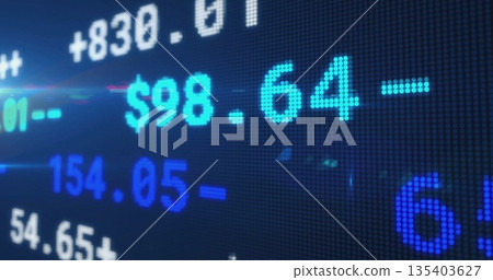 Displaying LED panel at trading board showing pixelated $ symbols and numbers with plus-minus signs 135403627