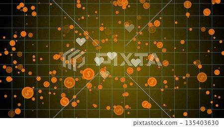Floating glowing orange dollar icons, white hearts on green grid interface, data display Floating glowing orange dollar icons, white hearts on green grid interface, data display 135403630