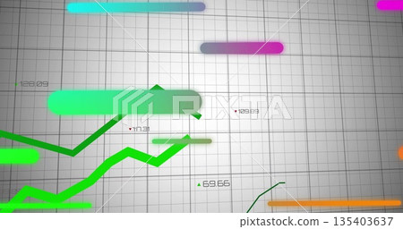 Displaying green zigzag line chart rising on dashboard with triangular markers and gradient bars 135403637