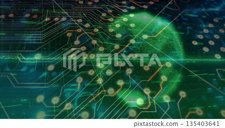 Showing glowing holographic sphere pulsing atop control interface, circuit lines and data readouts Showing glowing holographic sphere pulsing atop control interface, circuit lines and data readouts 135403641