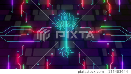 Glowing cyan circuit-tree icon branching neon traces over dark grid tiles, showing circular nodes Glowing cyan circuit-tree icon branching neon traces over dark grid tiles, showing circular nodes 135403644