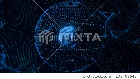 Blue glowing sphere floating among network contour lines in dark virtual space, with node clusters Blue glowing sphere floating among network contour lines in dark virtual space, with node clusters 135403645