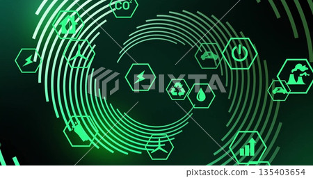 Displaying central green rings rotating on dark interface, with hex icons showing sustainability Displaying central green rings rotating on dark interface, with hex icons showing sustainability 135403654