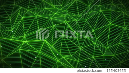 Forming abstract green wireframe mesh nodes in virtual network space, with luminous lines and dots Forming abstract green wireframe mesh nodes in virtual network space, with luminous lines and dots 135403655