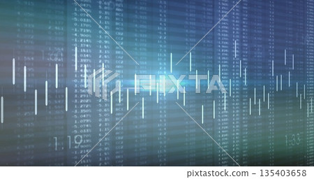 Displaying glowing candlestick bars and central light flare on trading monitor, with data columns Displaying glowing candlestick bars and central light flare on trading monitor, with data columns 135403658