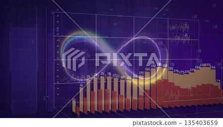 Neon infinity symbol looping with 3D bar chart with values in digital environment with grid axes 135403659