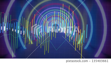 Displaying vertical bars, neon arcs, waveform and line graph traces over grid in digital display Displaying vertical bars, neon arcs, waveform and line graph traces over grid in digital display 135403661