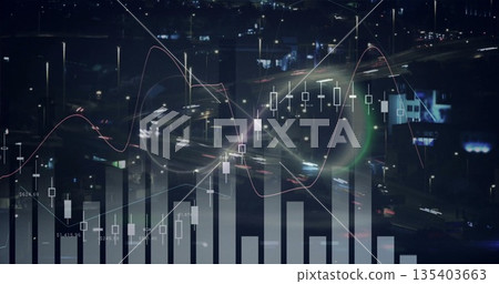 Displaying overlaid finance charts covering highway at night, with candlestick bars, light trails 135403663