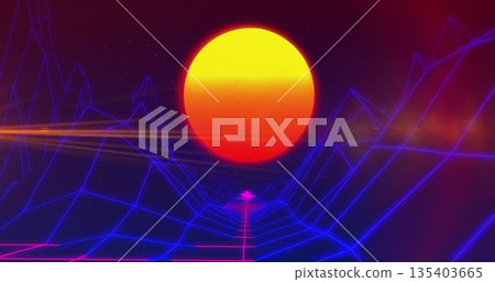 Shining sun radiating neon light over synthwave landscape with grid floor under wireframe mountains Shining sun radiating neon light over synthwave landscape with grid floor under wireframe mountains 135403665