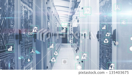 Illuminating data center aisle, showcasing circuit-patterned rack doors with floating metric icons 135403675