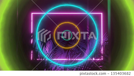 Illuminating studio neon pink square frame, cyan yellow rings, palm silhouettes, neon gradient halo Illuminating studio neon pink square frame, cyan yellow rings, palm silhouettes, neon gradient halo 135403682