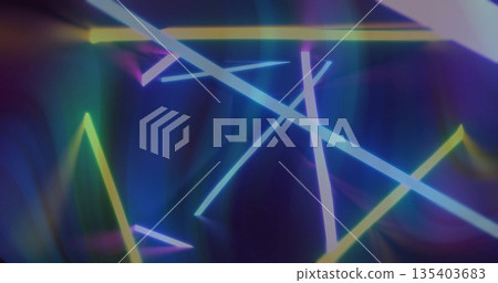 Displaying cluster of neon beams intersecting dark digital void, with glowing color gradients 135403683