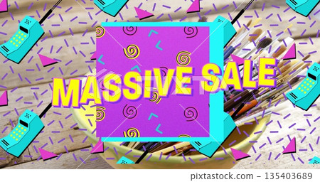 Showing purple MASSIVE SALE banner with teal border on tabletop, yellow bowl, brushes, phone icons Showing purple MASSIVE SALE banner with teal border on tabletop, yellow bowl, brushes, phone icons 135403689